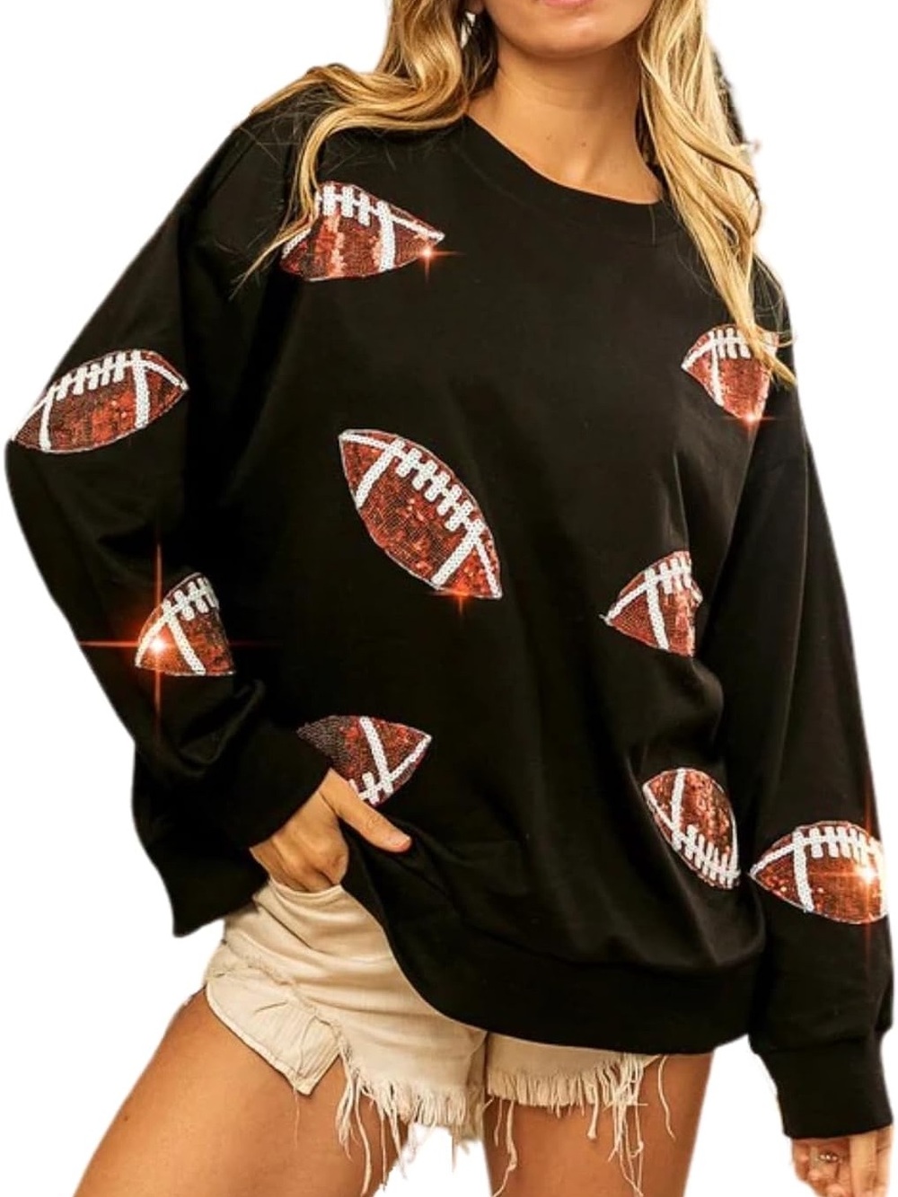 Womens Sparkle Football Sequin Rugby Sweatshirt Game Day Y2K Crewneck Oversized